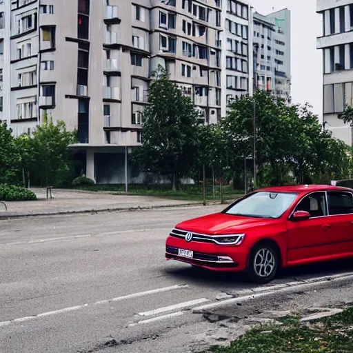 Prompt: red volkswagen passat parked in warsaw, few rubbish bins visible and a base of post - communist apartment complex in the background, the year is 2 0 2 2, award winning photo