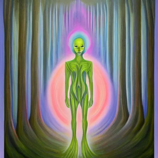 Prompt: painting of a tranquil alien looking up at sky in dense foggy forest by Alex Grey, acrylic art, ethereal, soothing, somber, elegant, warm light, cozy, glows,