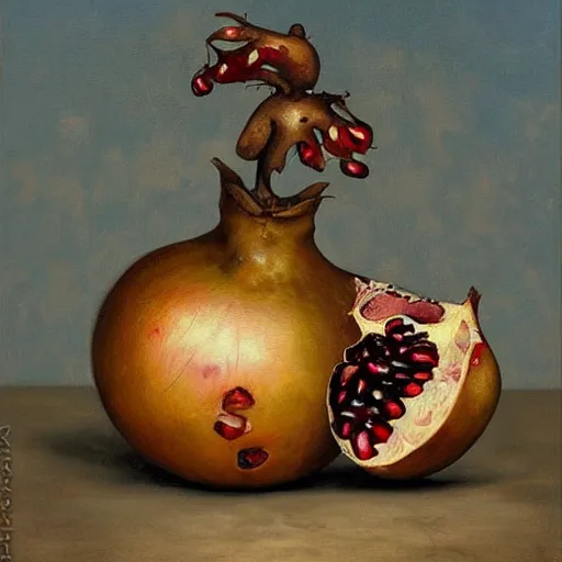 Image similar to an oil painting of a pomegranate by esao andrews. circa survive album cover art. dark. muted colors. gothic. oil painting with brush strokes. creepy.