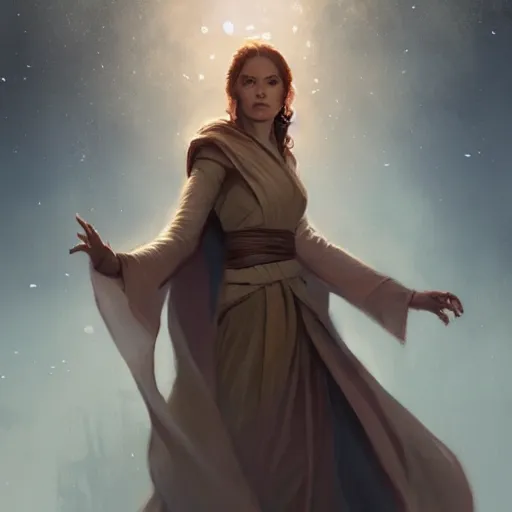 Image similar to portrait of a woman by greg rutkowski, jedi princess knight, curly redhead, jedi robes, star wars expanded universe, she is about 2 0 years old, elegant, graceful, wearing jedi robes, highly detailed portrait, digital painting, artstation, concept art, smooth, sharp foccus ilustration, artstation hq