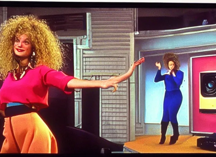 Prompt: Funny TV show in 90s. Color VHS footage. A woman dancing on the stage in the TV studio.