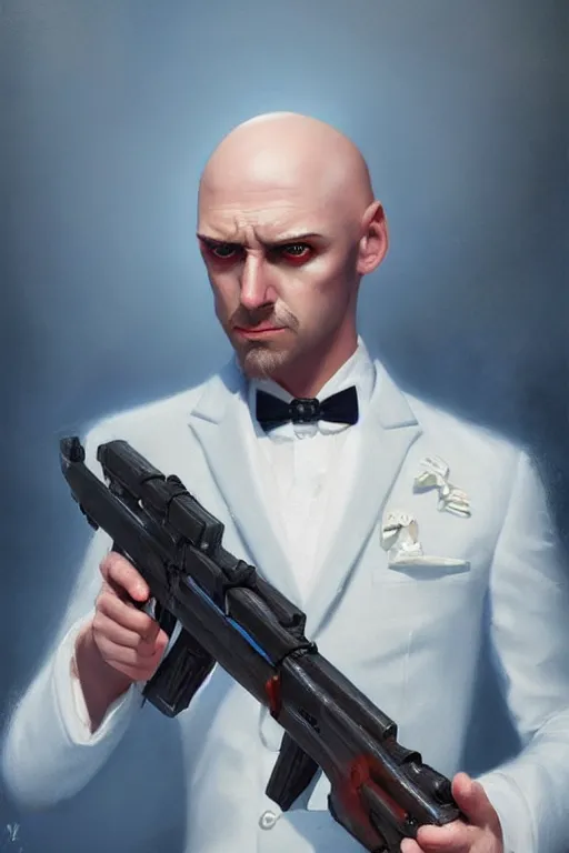 Image similar to Bald man, angry, bright blue eyes, white suit, holding a sniper rifle, full shot, elegant, highly detailed, centered, oil painting, artstation, concept art by tom bagshaw