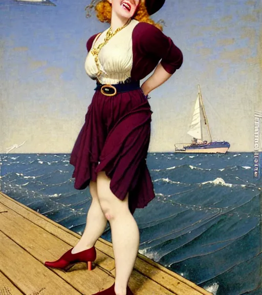 Image similar to a fancy beautiful plump young lady holding a purse standing on a wharf at the edge of the sea by brom and gil elvgren and jean delville and william blake and norman rockwell, crisp details, hyperrealism, smiling, happy, feminine facial features, stylish navy blue heels, gold chain belt, cream colored blouse, maroon hat, windblown