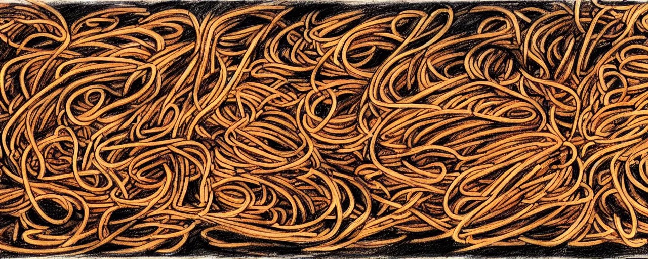 Prompt: wide shot of drawings of spaghetti inside of a cave, in the style of lascaux, fine detail,