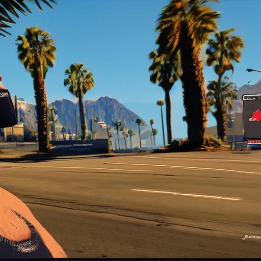 Image similar to John Candy in GTA V. Los Santos in the background, palm trees. In the art style of Stephen Bliss