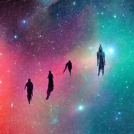 Image similar to ghost people on starship, nebula, colorful, clear