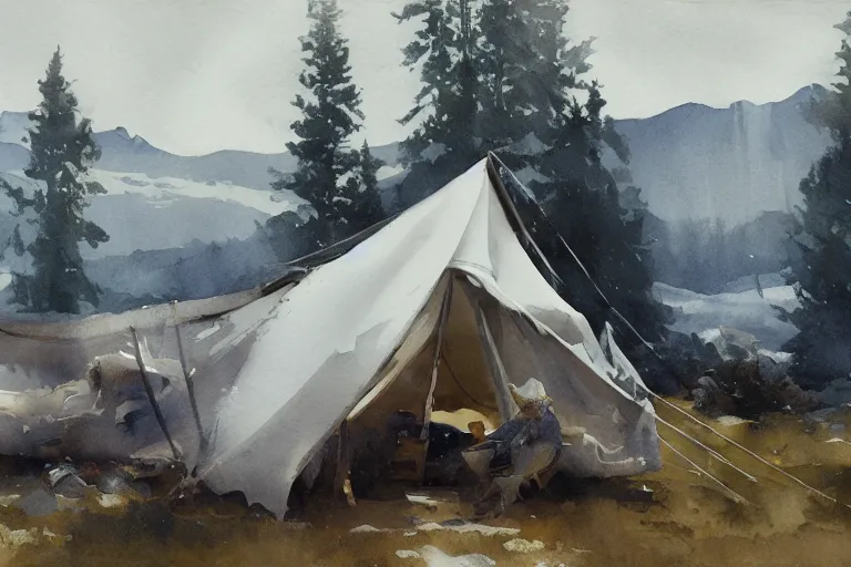 Image similar to small centered on white watercolor paper, paint brush strokes, abstract watercolor painting of hunter tent camp, scandinavia, smoke, midday sharp light, cinematic light, american romanticism by hans dahl, by jesper ejsing, by anders zorn, by greg rutkowski, by greg manchess, by tyler edlin