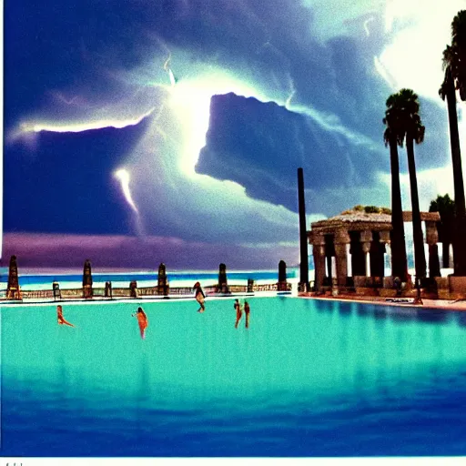 Image similar to Giant columns palace, thunderstorm, greek pool, beach and palm trees on the background major arcana sky, magazine photo from 1987, hyperrealistic 8k, very detailed