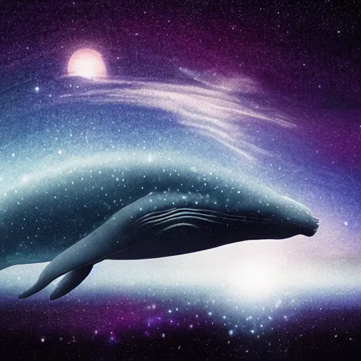 Image similar to portrait of space whale on a dark night sky in space, flying across the universe, oniric, dreamy, beautiful, highly detailed, realistic, cinematic, dynamic composition