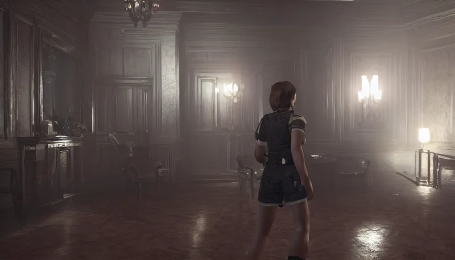 Image similar to Ingame Screenshot of 8k ultra realistic Resident Evil game , Rebecca Chambers in a mansion, detailed, cinematic lighting, 4k, hyperrealistic, focused, extreme details,unreal engine 5, cinematic