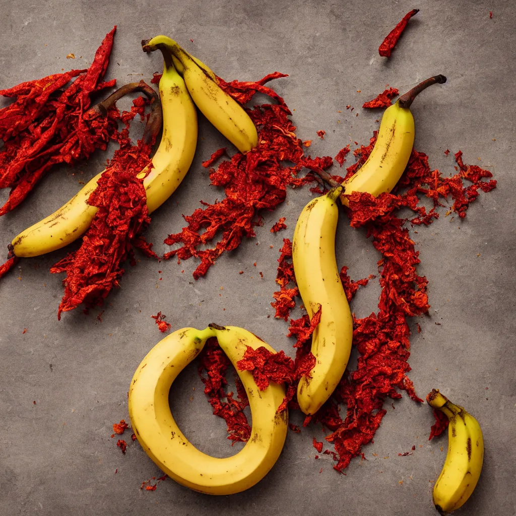 Image similar to fat banana in the shape of dried red pepper and potato flowers, closeup, hyper real, food photography, high quality