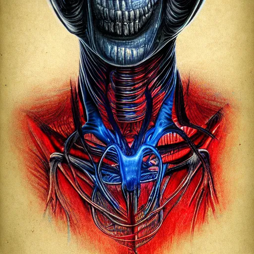 Prompt: anatomically correct diagram of 4 legged alien, hyperrealistic rendering, h. r. giger, perfection, red and blue, smoke in air, monster, scary, beautiful, high detail, cinematic