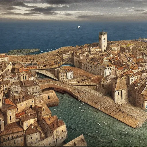 Image similar to Digital art of a large medieval coastal capital, bird's eye view Marc Simonetti Peter Zumthor