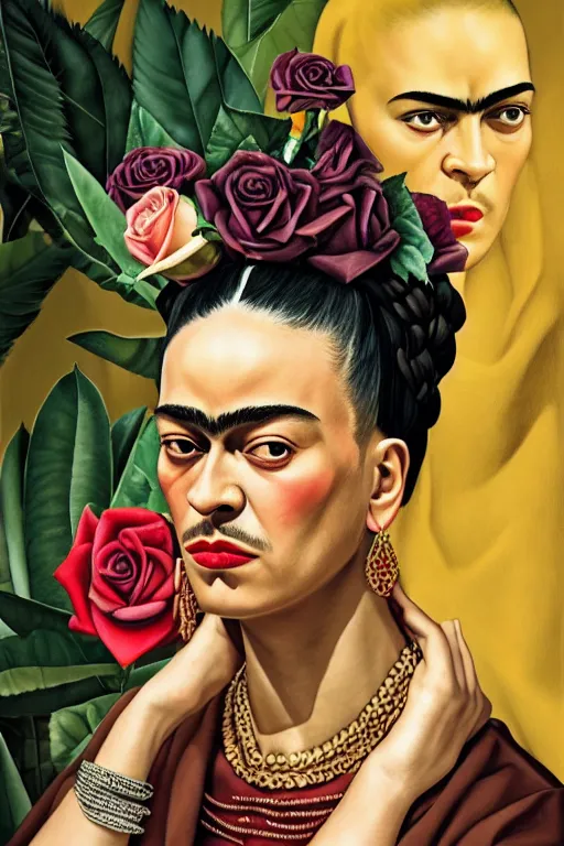 Prompt: rap album cover featuring frida kahlo wearing gangster thug outfit, staring directly into camera, intricate, elegant, dramatic lighting, highly detailed, digital painting, artstation, sharp focus, illustration, art by wlop, mars ravelo and greg rutkowski, roses replaced by weed buds, album cover, parental advisory