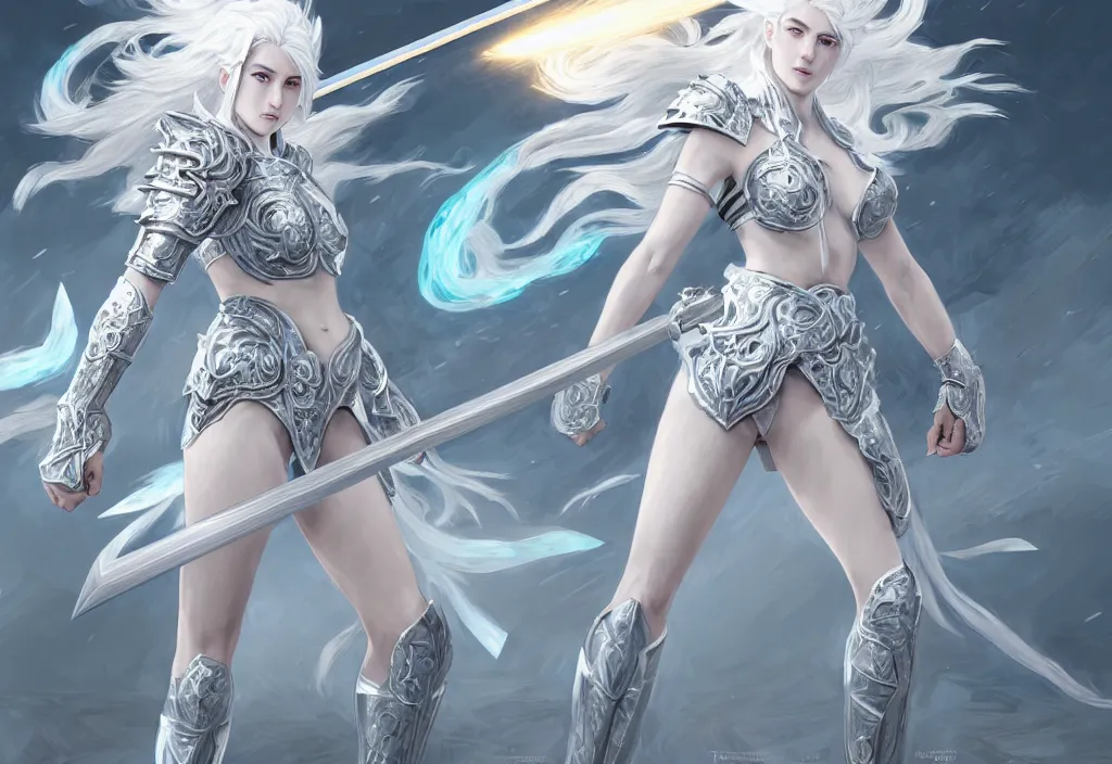 Image similar to white hair knights of zodiac girl matt white ice color armor, dueling, kickboxing, battle stance, wielding sci - fi melee weapons in ruined agora of athens sunrise, intricate and elegant, highly detailed, digital painting, artstation, concept art, smooth and sharp focus, illustration, art by tian zi and wlop and alphonse mucha