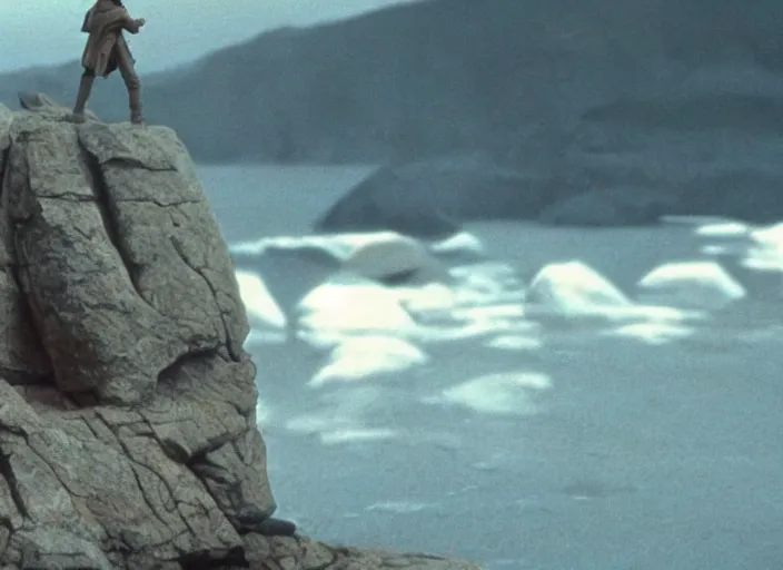 Image similar to screenshot of Luke Skywalker sitting around rocks floating in the air, outside on the rocky jedi temple, iconic scene from the last jedi, 1980s film directed by Stanley Kubrick, great portrait of Mark Hammill, cinematic lighting, kodak, stunning moody cinematography, with anamorphic lenses, crisp, detailed portrait, 4k image