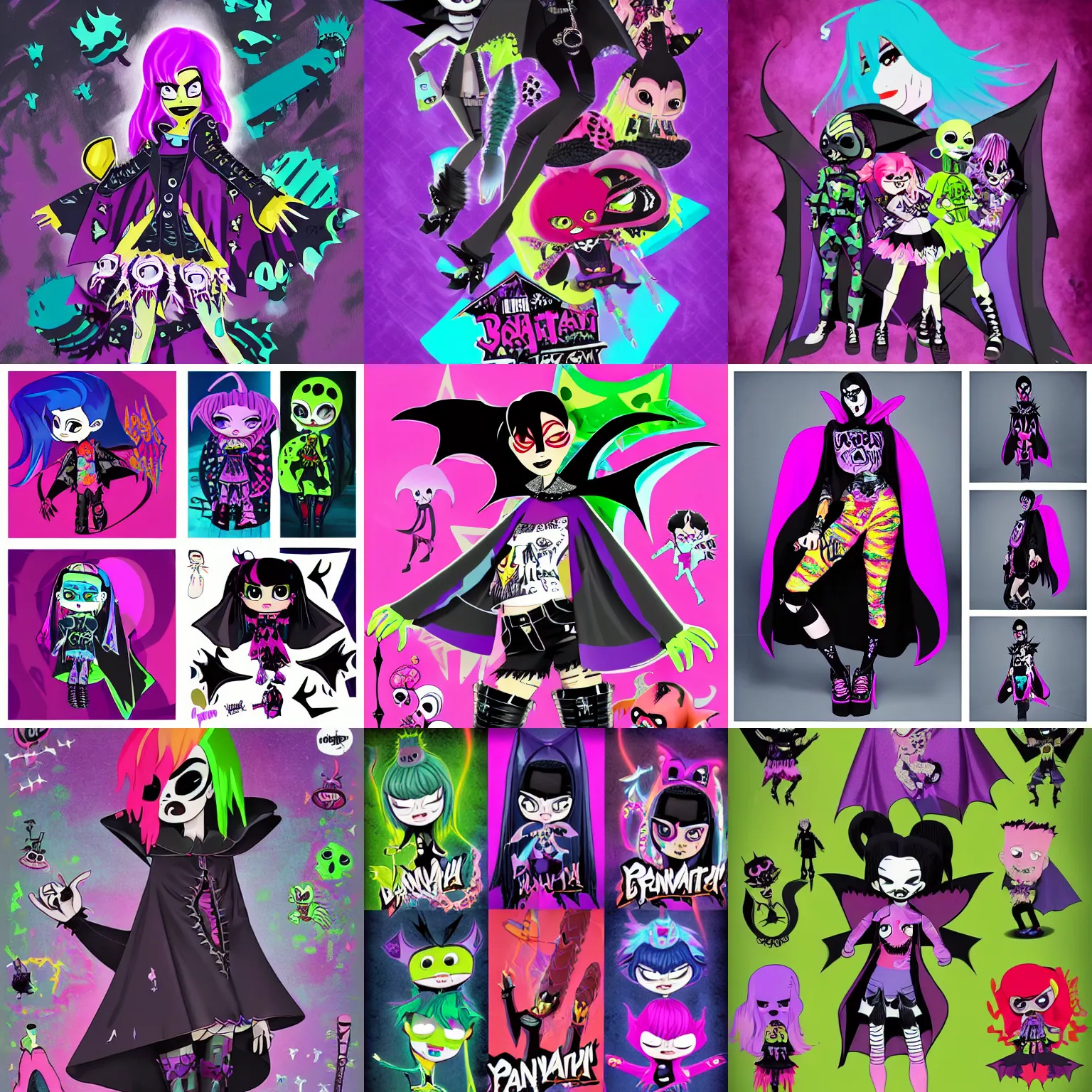 Prompt: lisa frank gothic emo punk vampiric rockstar vampire kraken wearing a bat shaped poncho cape with platform shoes character designs of various shapes and sizes by genndy tartakovsky and splatoon by nintendo for the new hotel transylvania film