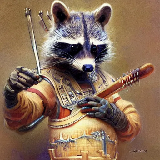 Prompt: humanoid racoon bard wearing tunic holding instrument, d & d, closeup portrait, art by donato giancola and greg rutkowski, vintage retro, realistic face, digital art, trending on artstation, symmetry!!