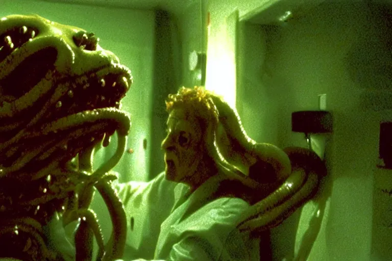 Image similar to scary filmic wide shot angle movie still 35mm film color photograph of a shape shifting horrific nightmarish abstract alien organism from The Thing 1982 spewing toxic spined tentacles made out of flesh strangling a doctor wearing a lab coat and surgical mask in the style of a horror film