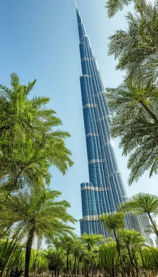 Image similar to the burj khalifa in a beautiful green metropolis surrounded by plants, trees and greenery.