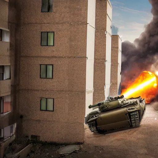 Image similar to a tank crashing through the walls of an apartment building, 4 k, high detail, high - resolution photograph, professional photography, ultra - detail