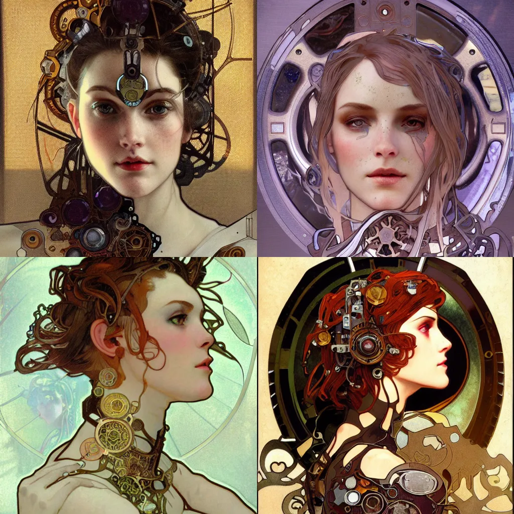 Prompt: A close-up portrait of a beautiful female android wearing an intricate cracked porcelain face by Alphonse Mucha , exposed inner gears, steampunk, art nouveau, card, concept art, wlop, trending on artstation