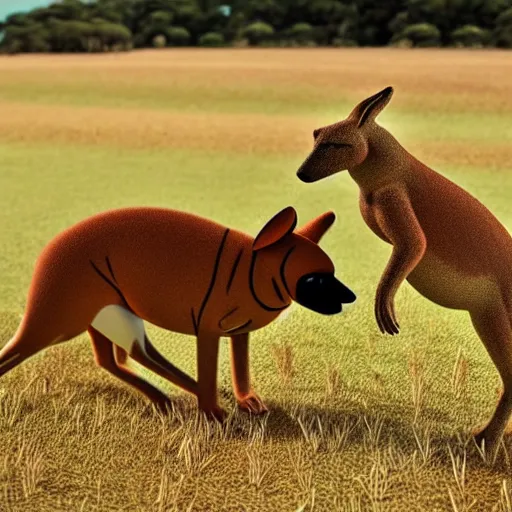 Prompt: boerboel in a field chasing a kangaroo, detailed, intricate, realistic