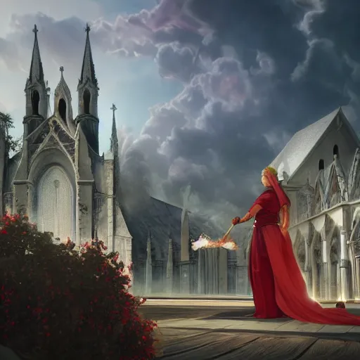 Prompt: an ultra detailed matte painting of a lesbian wedding between evil pyromancer and a red mage, unholy, white church background, detailed face, sharp focus, highly detailed, cinematic lighting, studio quality, colorful, smooth render, vector illustration, octane, rendered, by artgerm, greg rutkowski, alphonse mucha