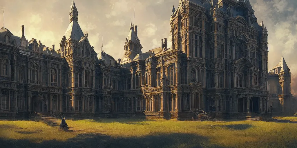 Prompt: portrait of an ornate victorian college building, blue sky, volumetric, well lit, victorian, detailed, realistic, digital art by greg rutkowski and jordan grimmer