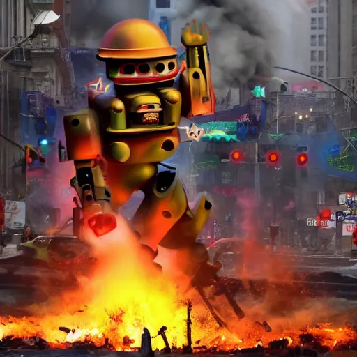 Image similar to giant toy soldier robot destroying a city explosion, panic, chaos