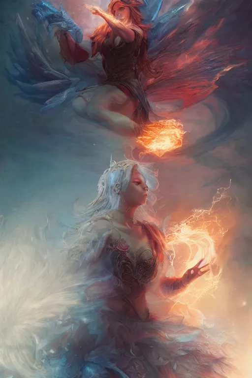 Image similar to beautiful girl sorcerer transforming into fire and ice, casting magic spell, angel, fantasy, magic the gathering, hyper detailed, 3 d render, hyper realistic detailed portrait, peter mohrbacher, wlop, ruan jia, luis royo