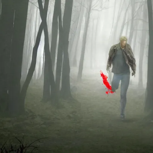 Prompt: A picture of Donald Trump running from Pyramid Head from Silent Hill in the woods.