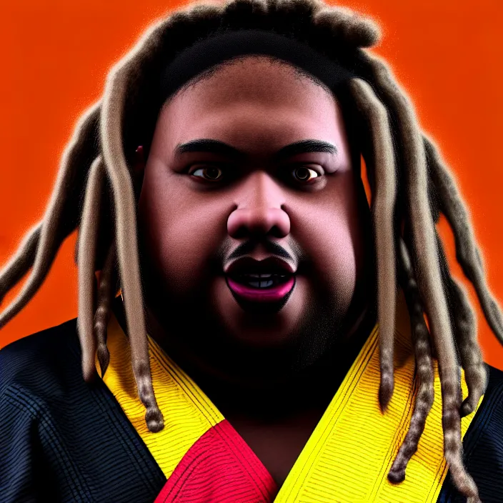 Prompt: hyperrealistic mixed media portrait of an overweight black man with dreads wearing a gi, doing martial arts, 8 k octane beautifully detailed render, post - processing, extremely hyperdetailed, trending on artstation