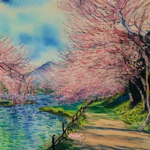 Image similar to landscape with cherry blossom trees and waterfalls, detailed watercolor painting in the style of monet, 4 k