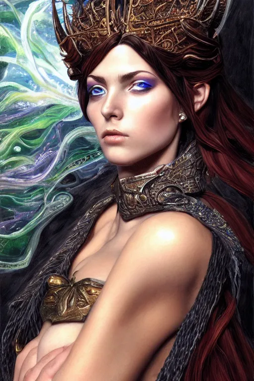 Image similar to high quality extremely detailed closeup portrait of a young gorgeous female warlock looking away from the camera, detailed eyes, sparkle in eyes, no hands visible, fantasy, d & d, intricate, painting by lucian freud and mark brooks, hd