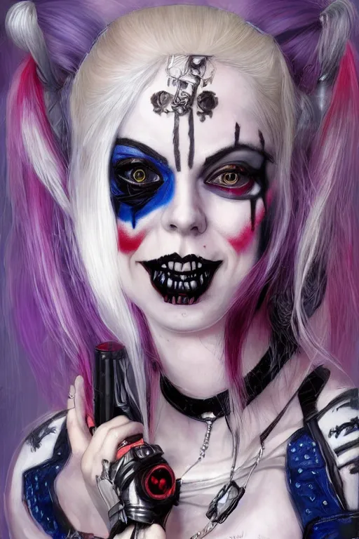 Prompt: portrait of young cute beautiful gothic Harley Quinn, cyberpunk, Warhammer, highly detailed, artstation, illustration, art by Gustav Klimt