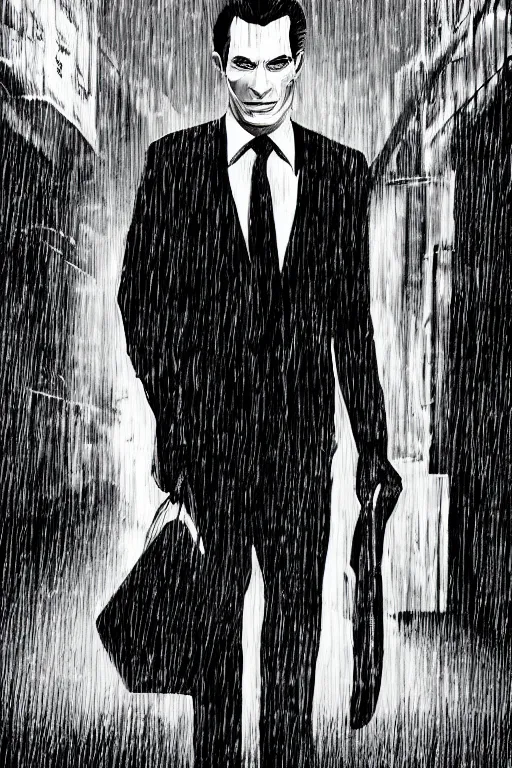 Image similar to black and white illustration of Patrick Bateman in a rainy street, neo noir style, Frank Miller creative design, Josep Tapiró Baró