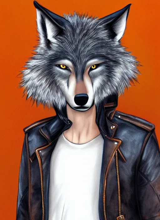 Image similar to award winning beautiful portrait commission of a male furry anthro wolf fursona with a bushy tail and a leather jacket, cute, beautiful, attractive, detailed,