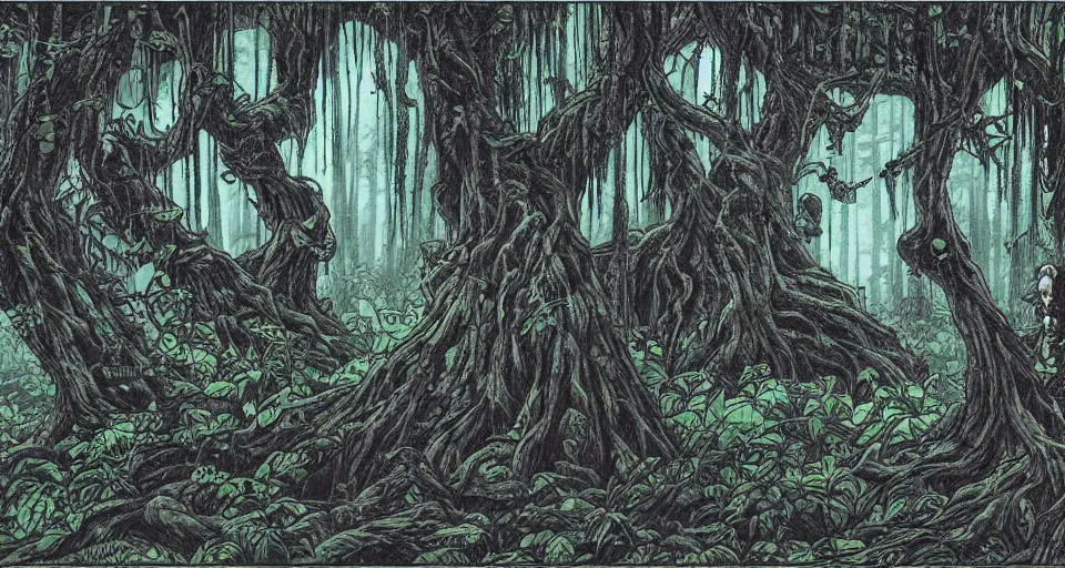 Image similar to A dense and dark enchanted forest with a swamp, by Akira Toriyama