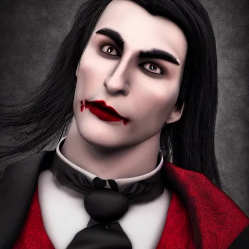 Image similar to a vampire, male, mid - 3 0 s aged, long black hair, clean shaven, dressed formally in red and black, high fantasy, realistic, highly detailed, 8 k.