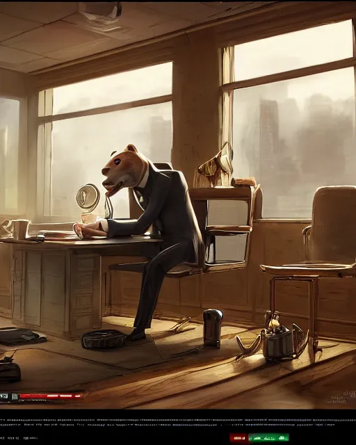 Prompt: artstation scifi scene of a weasel in suits drinking tea ， in an shabby office, wooden, furnitures ， many brocade flags summer unreal engine 5, hyper realism, realistic shading, cinematic composition, blender render, octane render, hdr, detailed textures, photorealistic, wide shot