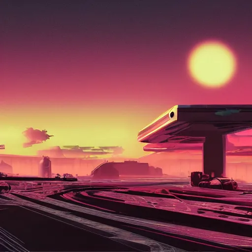 Prompt: post apocalyptic wasteland neon futuristic cyberpunk vaporwave glow sunset clouds sky highway overpass illustration, star destroyer, by syd mead concept art