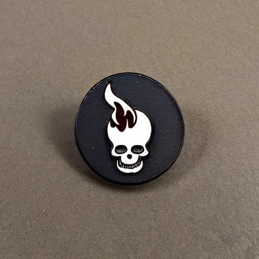 Prompt: vintage minimalistic clean skull windy fire flame warning enamel pin