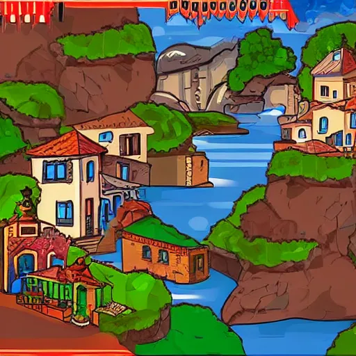 Image similar to A Spanish village. 2D videogame, Side Scrolling, Seamless, Parallax.