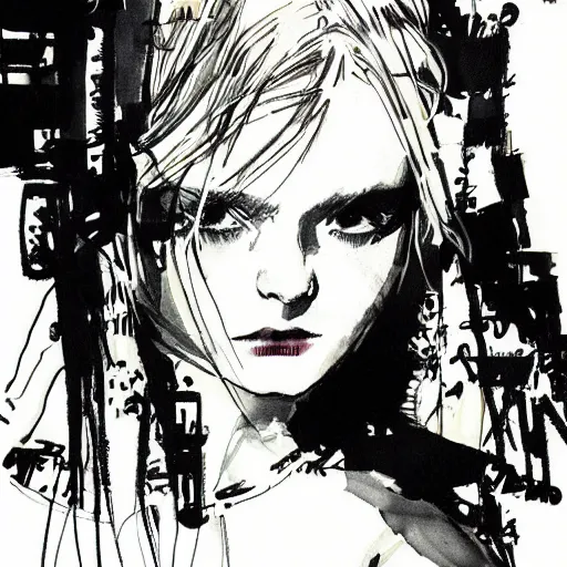 Prompt: ink illustration of Elle Fanning by Yoji Shinkawa