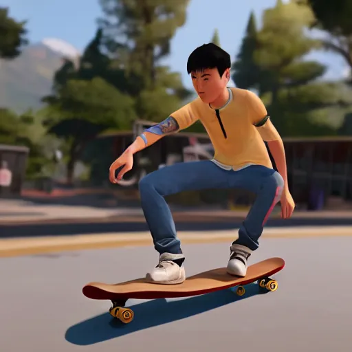 Image similar to Alex Chen from Life is Strange True Colors riding a skateboard