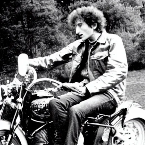 Image similar to bob dylan on a motorbike with his guitar