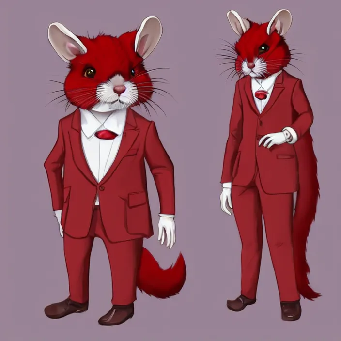 Image similar to a handsome anthropomorphic red chinchilla fursona in a dapper suit, furry art, trending on artstation, 8 k