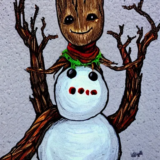 Image similar to groot as a snowman,