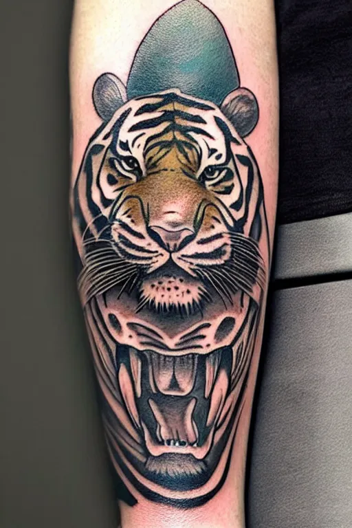 Image similar to tattoo of a tiger, detailed, colored